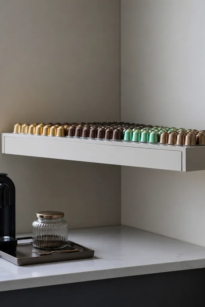 Corner floating ledge coffee station with mugs on hooks and pods hidden in a bin
