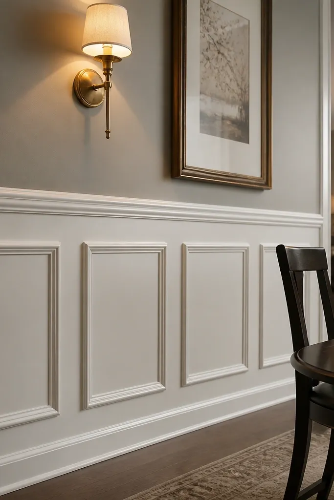 White raised-panel wainscoting with a slim chair rail and light gray walls