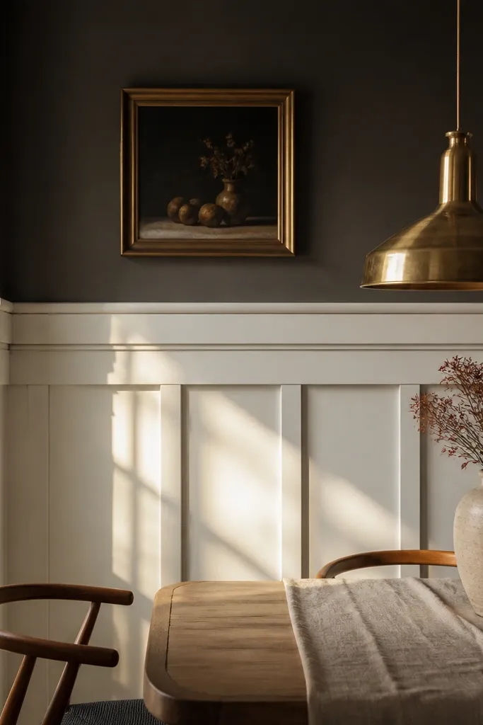 Cream board-and-batten panels with two horizontal rails and deep olive walls
