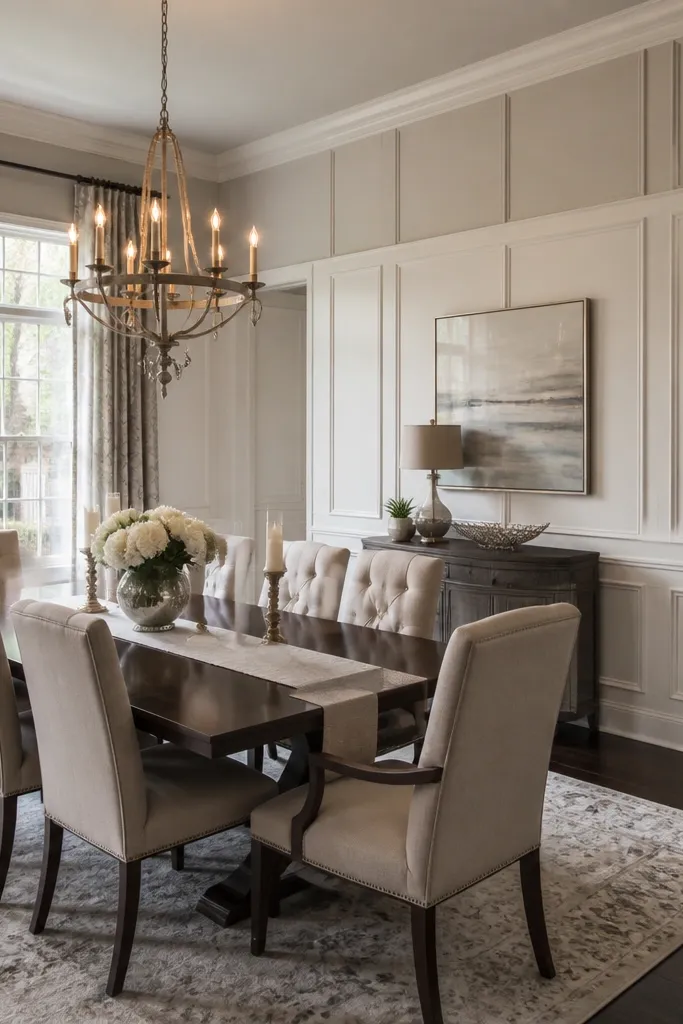 White tall wainscoting with raised panels reaching near the ceiling and warm gray walls