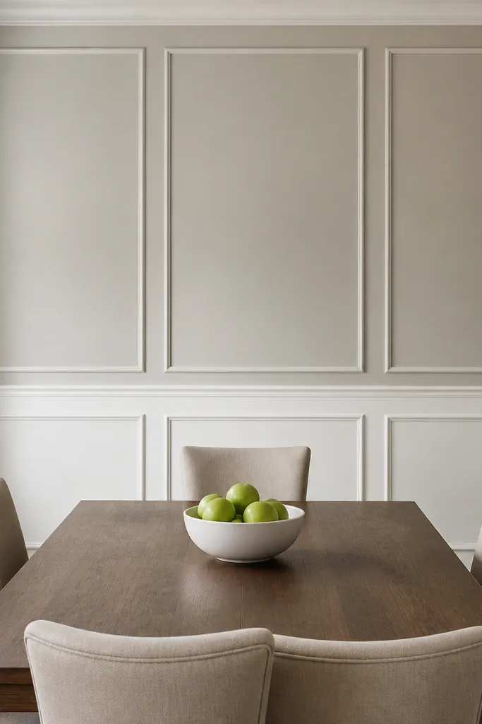 White wainscoting with a symmetrical grid and flat center panels on light gray walls
