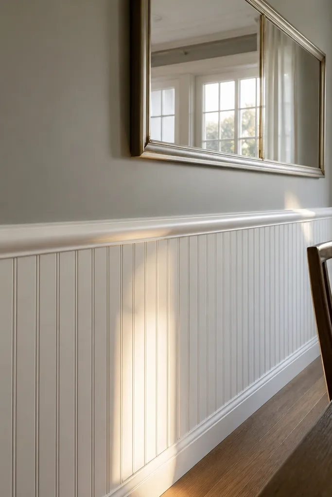 White beadboard with a rounded cove cap at the top and soft cream walls