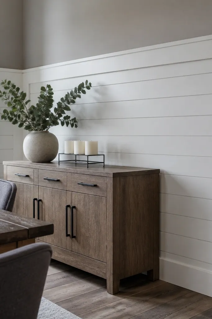 White shiplap wainscoting in a framed border with taupe upper walls