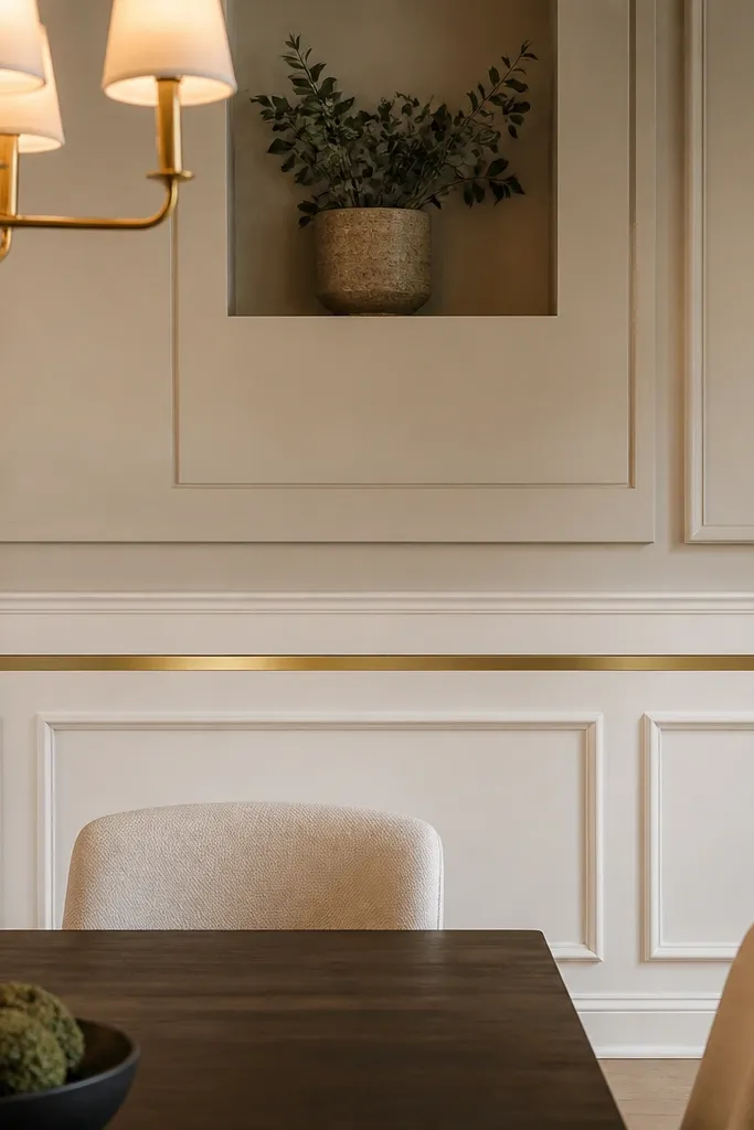 White wainscoting with a thin gold-like accent strip running vertically in the center
