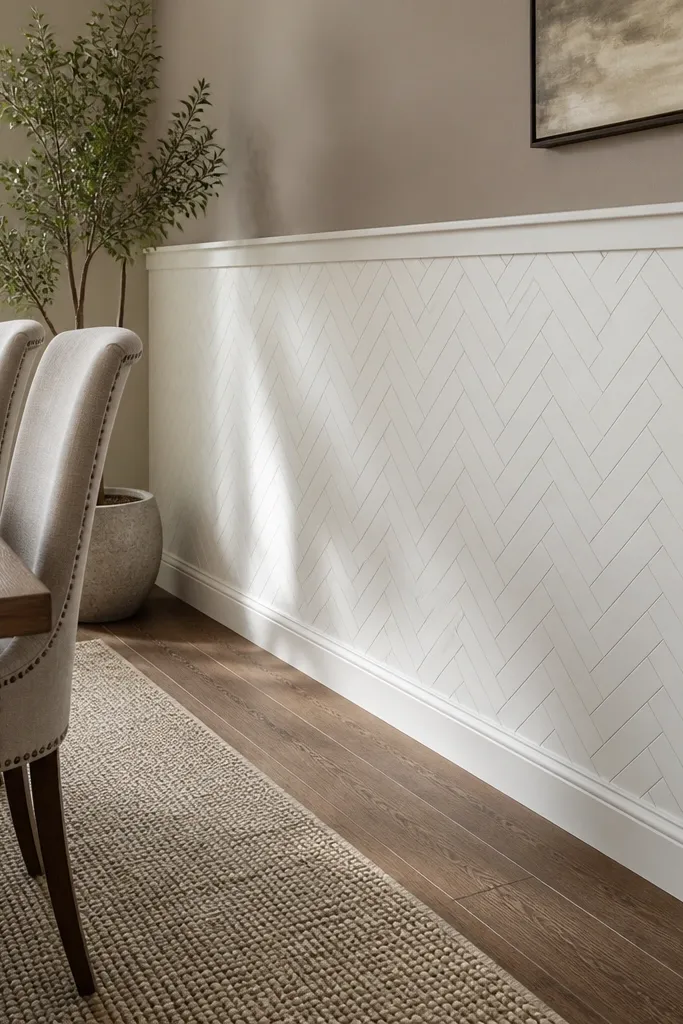 White herringbone panel wainscot with a straight chair rail and neutral wall above