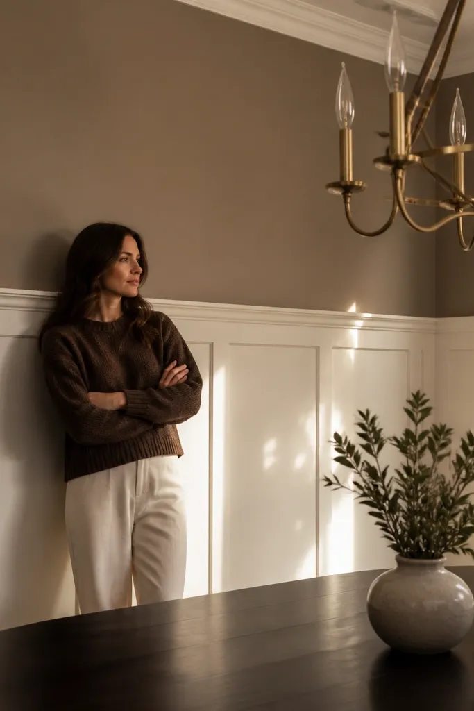 White flat-panel wainscoting with a dramatic crown-style trim at the top