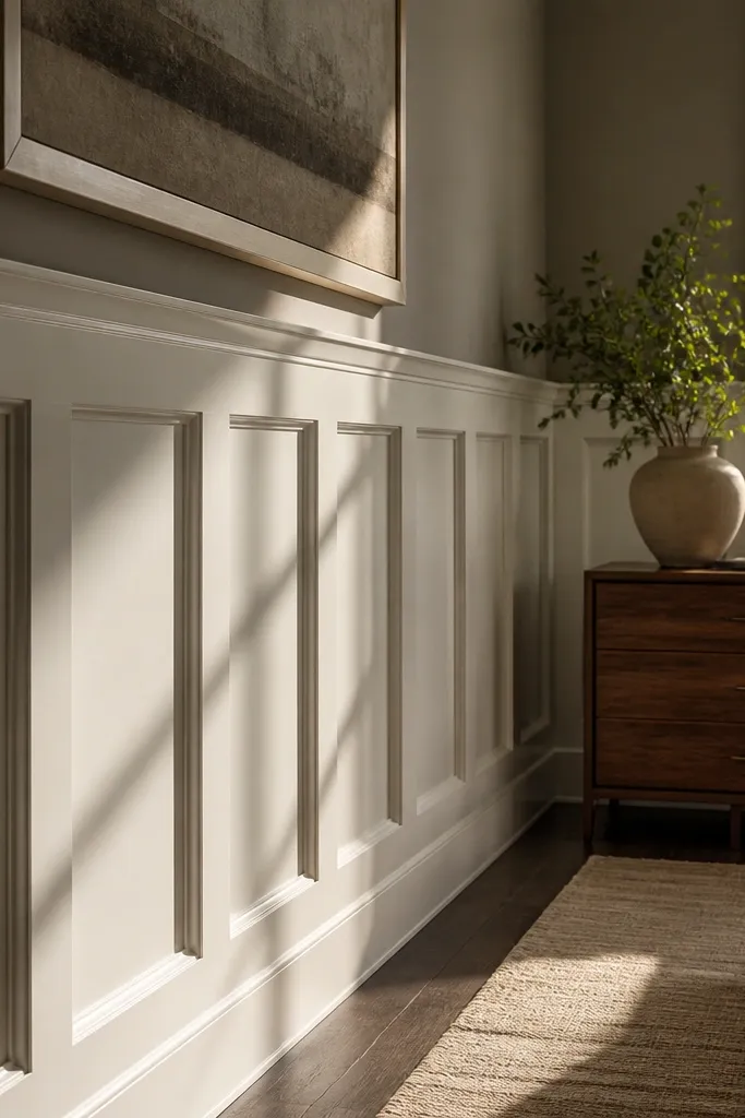 White shadow-box wainscoting with deep recessed panels and soft gray walls