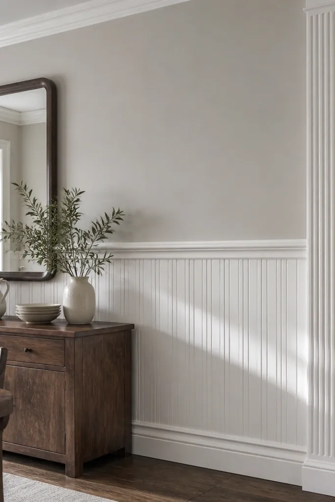White beadboard wainscot with fluted corner columns and warm beige walls