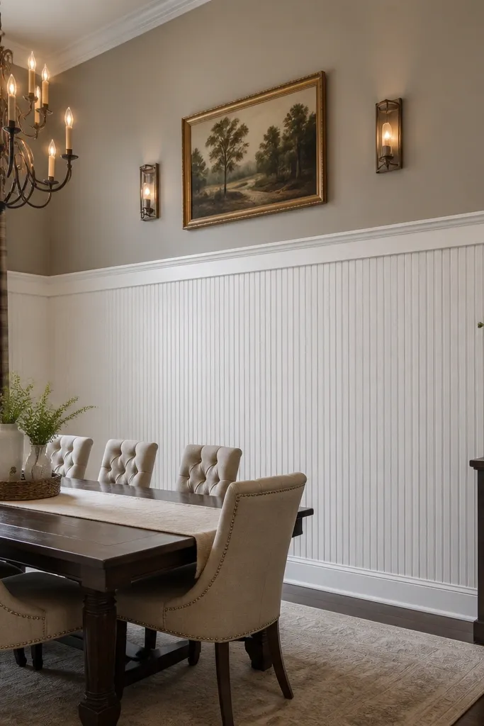 White beadboard wainscoting with two horizontal rails and a framed mid section