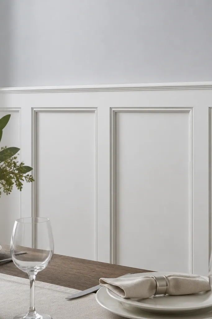 White mitered frame wainscoting with narrow rectangular panels and light gray walls