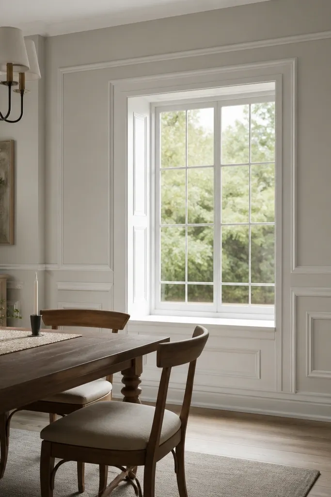 White wainscoting framed around a window area with panel flow lines and taupe walls