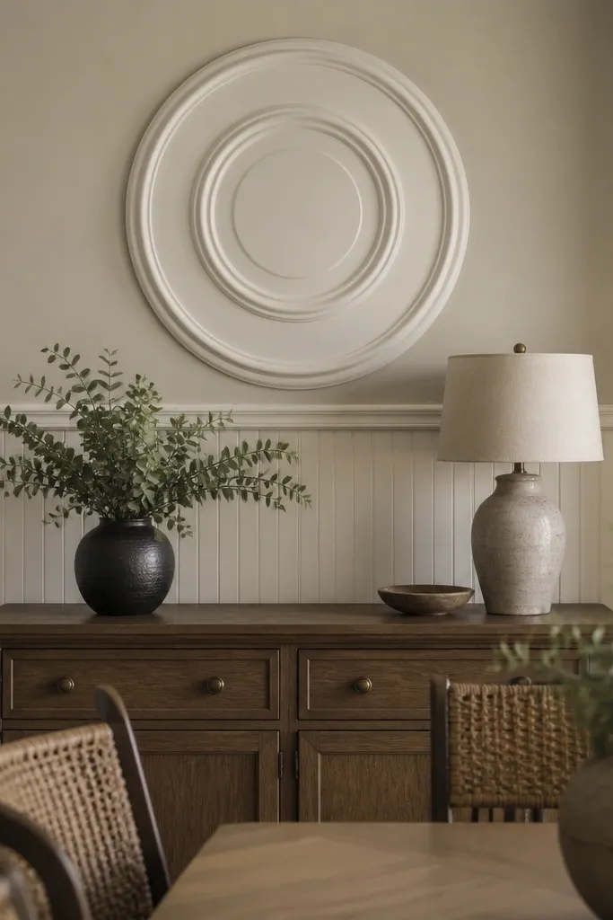 White beadboard wainscot with a raised central panel medallion on beige walls