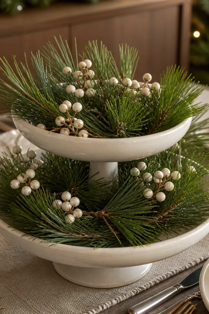 Cream tiered tray with pine sprigs, small gold ornaments, and white candles