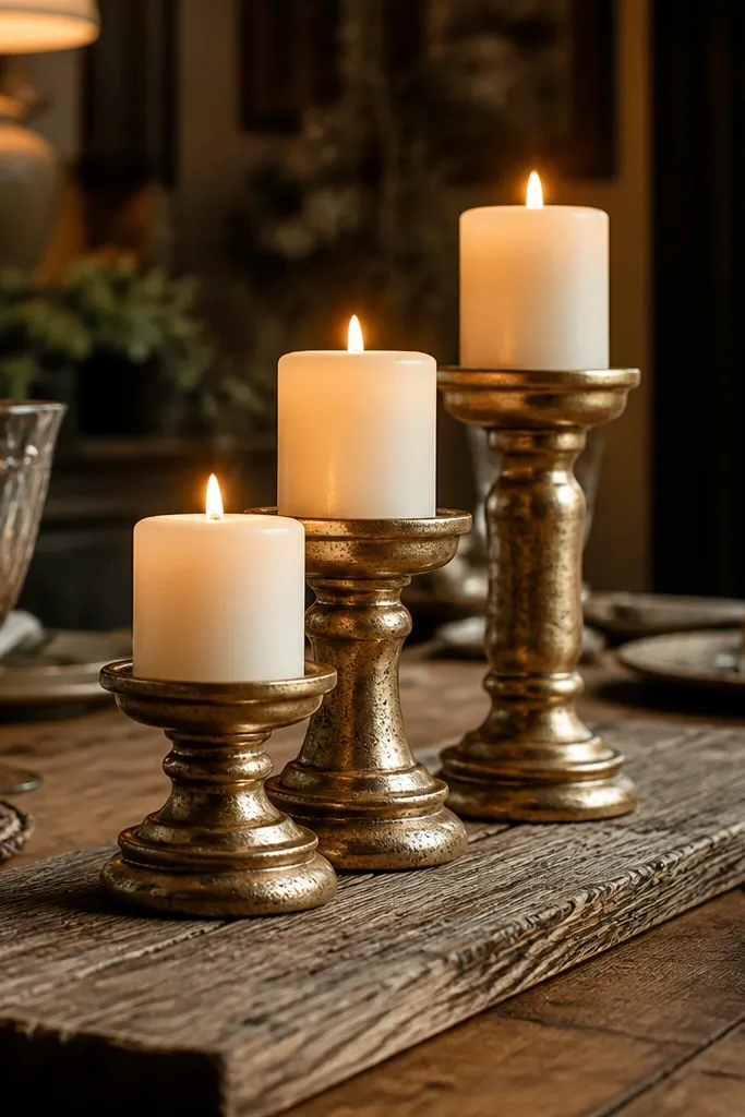 Wood board holding three gold candles with green pine sprigs around them
