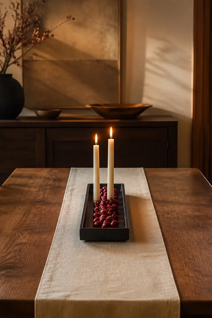 Black tray on a table with red berry picks and small cream candles