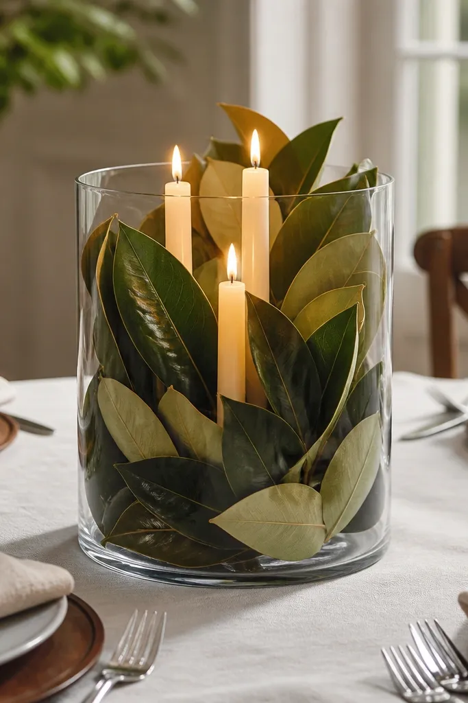 Tall clear glass vase with faux magnolia leaves and warm LED tapers