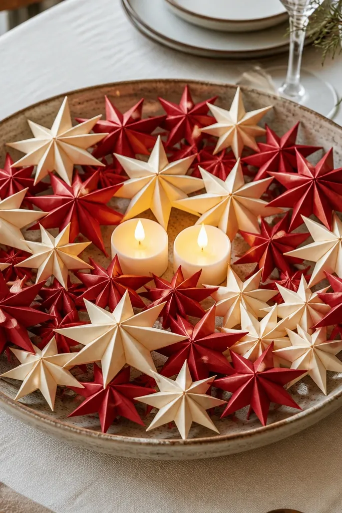 Bowl filled with red and cream paper star garland and small candles