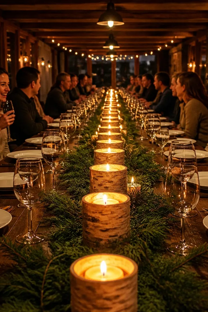 Birch-log style votives lined on a table with evergreen sprigs between