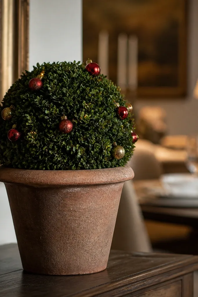 Small terracotta pot with faux evergreen topiary and mini ornaments