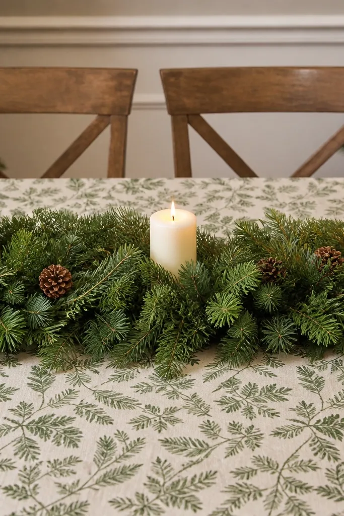 Green wreath band laid across table with white candles and pinecones