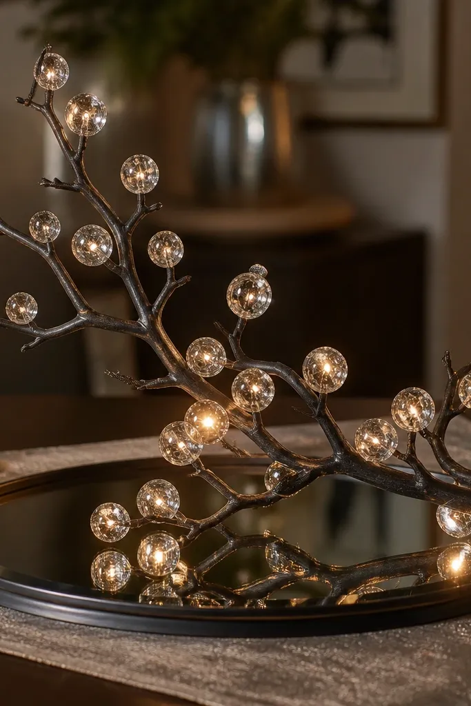 Branch centerpiece with clear ornaments and small LED candles on a tray