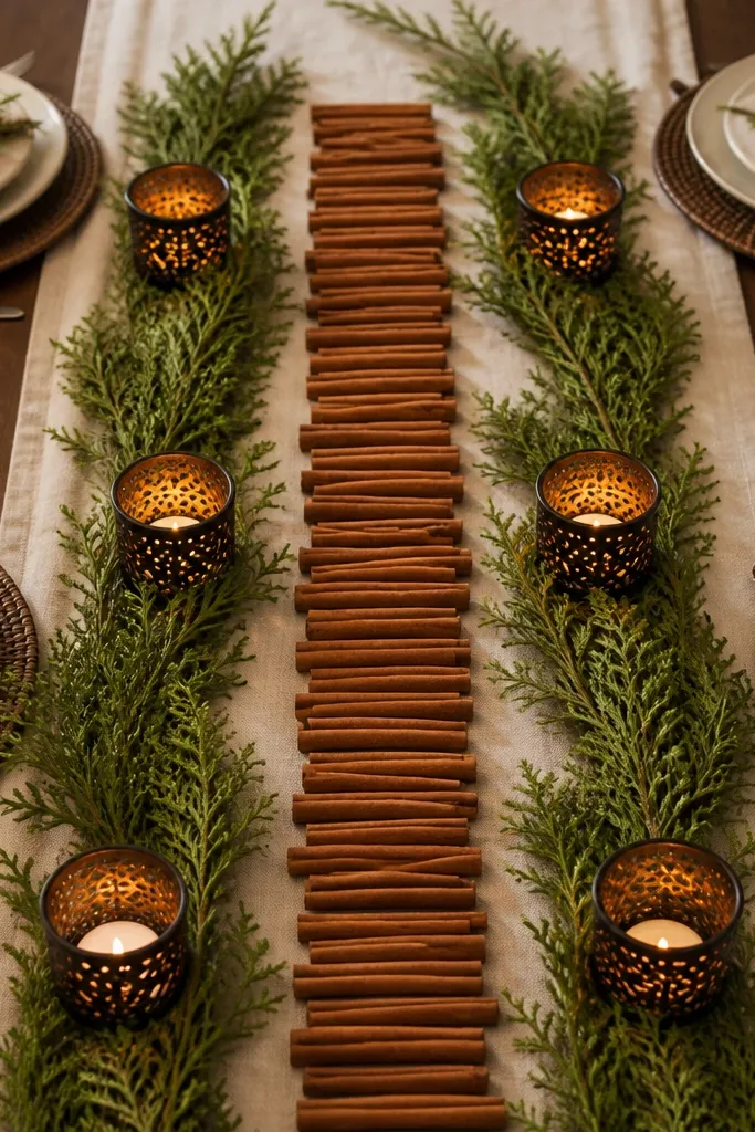 Cinnamon sticks and greenery arranged in a row with tealight candles