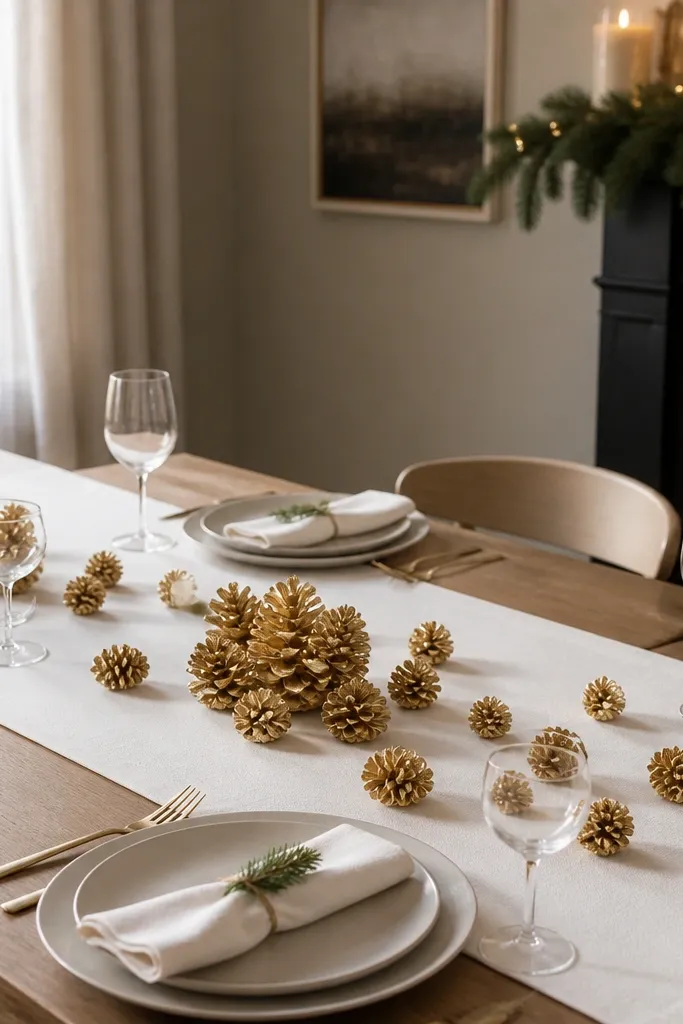 White runner with scattered gold pinecones and tiny cream candles
