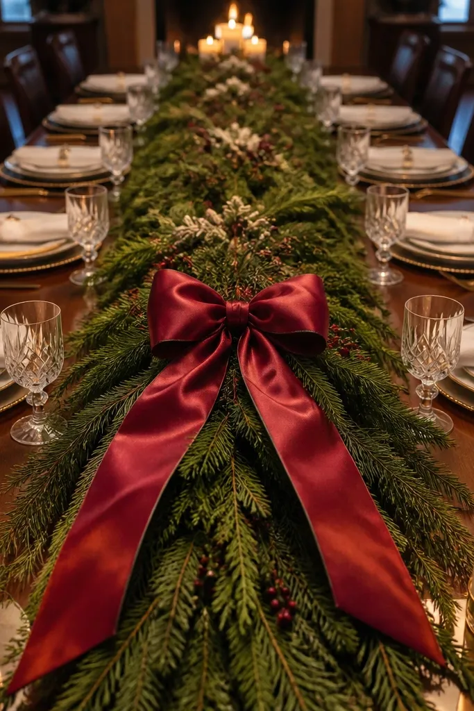 Evergreen garland on table with a satin ribbon bow centered and candles on both sides