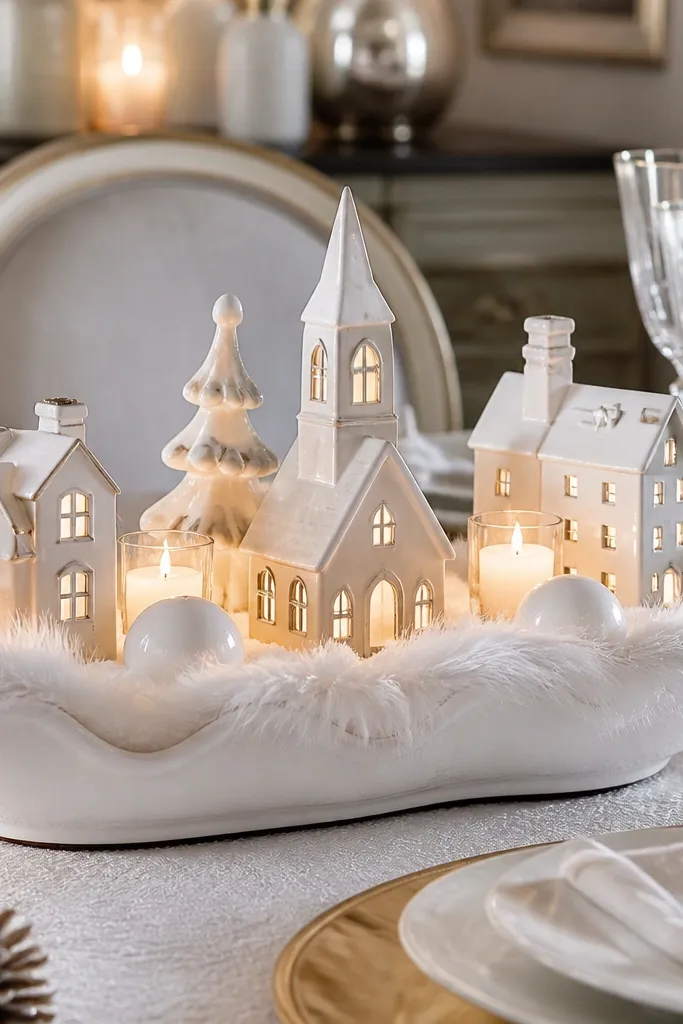 White ceramic tray lined with faux fur and small winter village candles