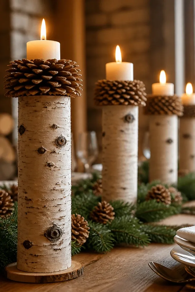 Birch-style candle stands with pinecone caps and small evergreen sprigs