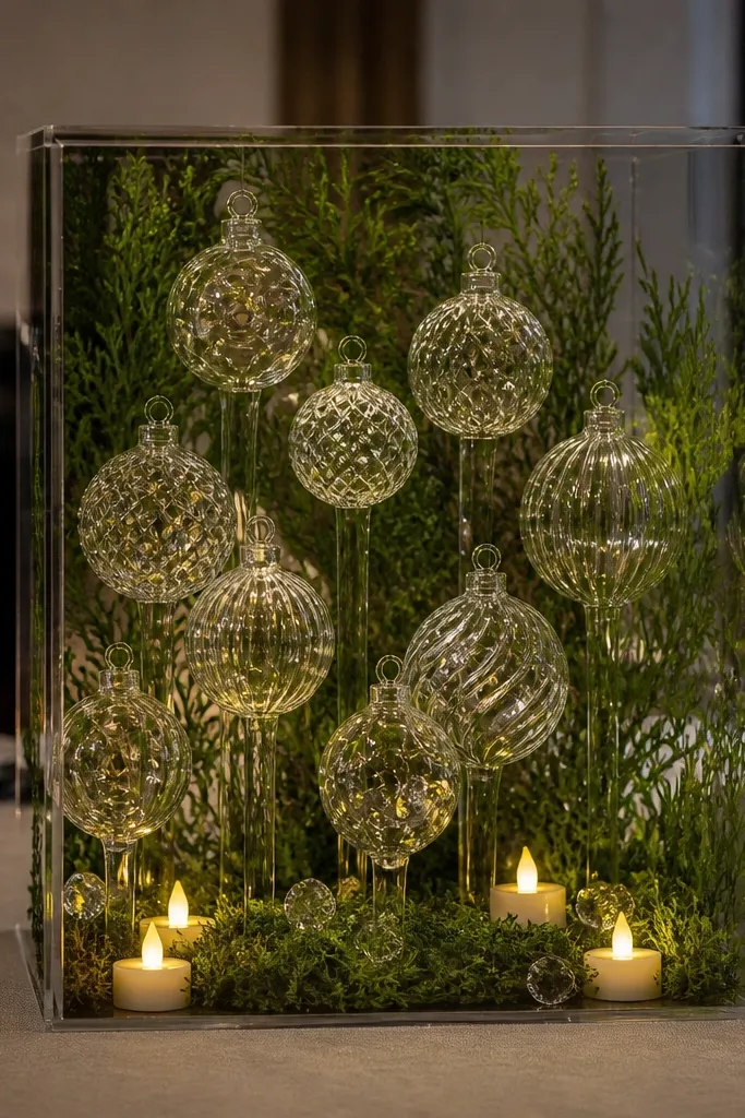 Clear box centerpiece with floating ornaments and evergreen sprigs