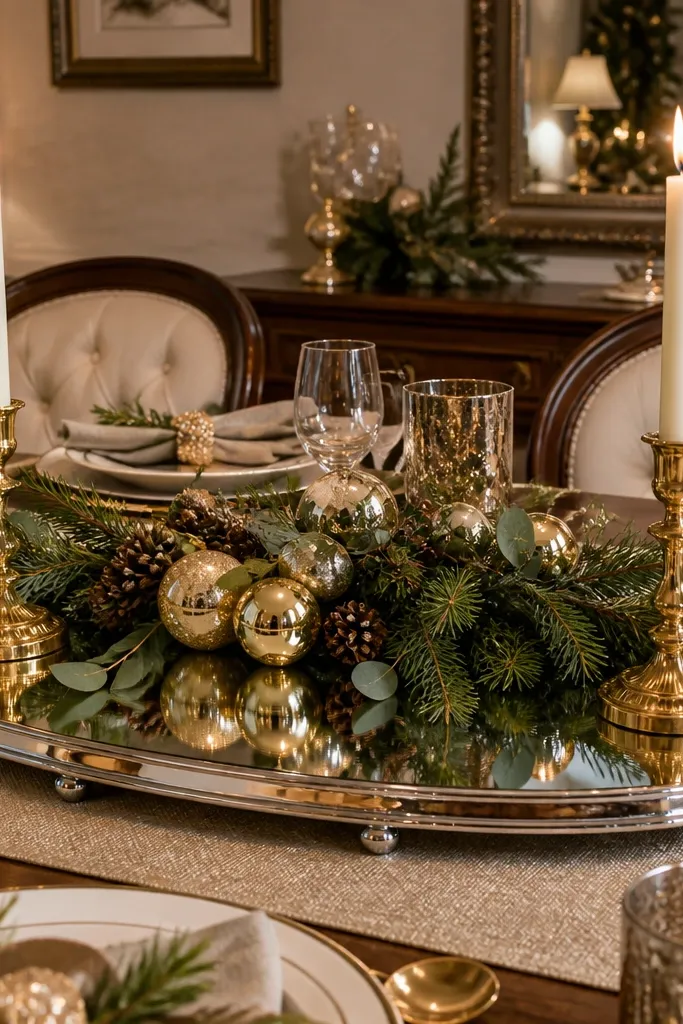 Mirror tray with greenery swag and gold candles with small ornaments