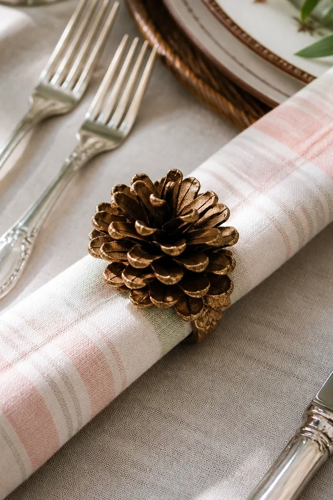 Pastel plaid napkin rolls tied with pinecone rings on a holiday table