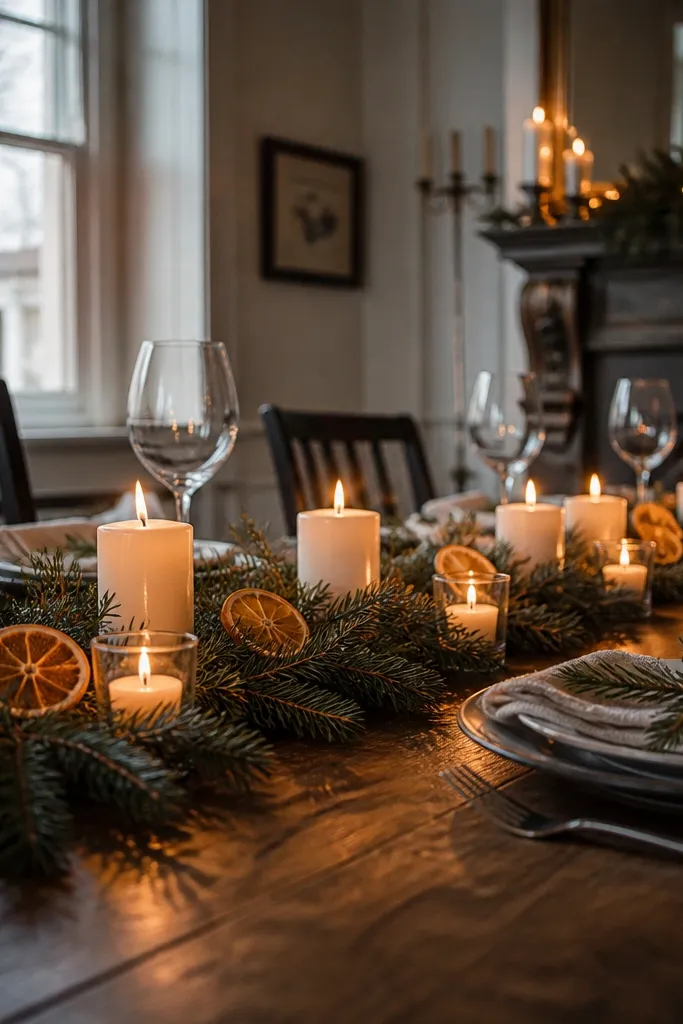 Evergreen garland with dried orange slices and LED candles on a ledge