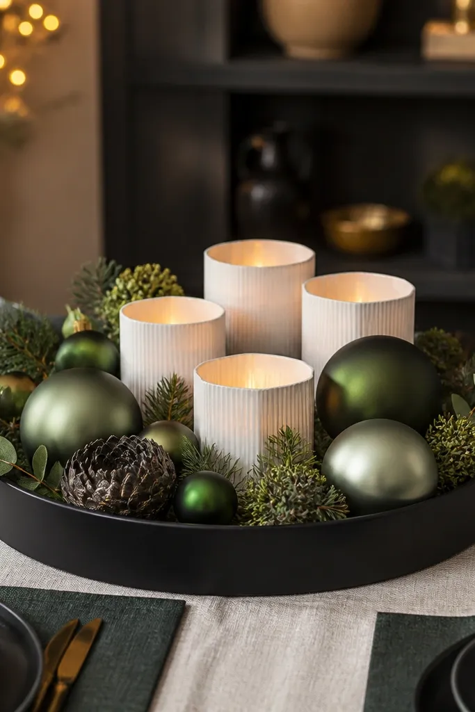 Matte black tray with white candle cups and green ornaments spaced evenly