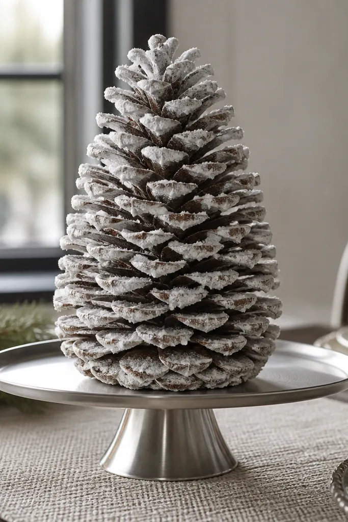 Cake stand with pinecones dusted white and small LED candles around