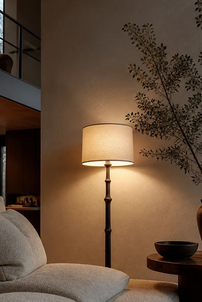 Linen drum shade floor lamp beside a sofa in a double height room