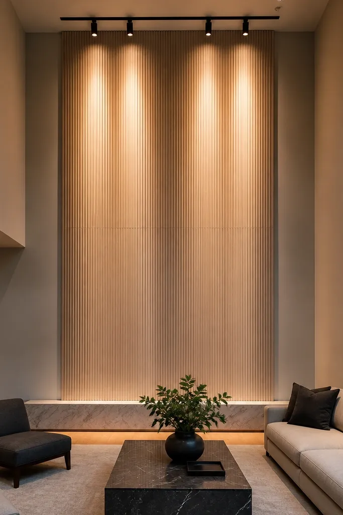 Black track lights washing a textured wall in a tall living room