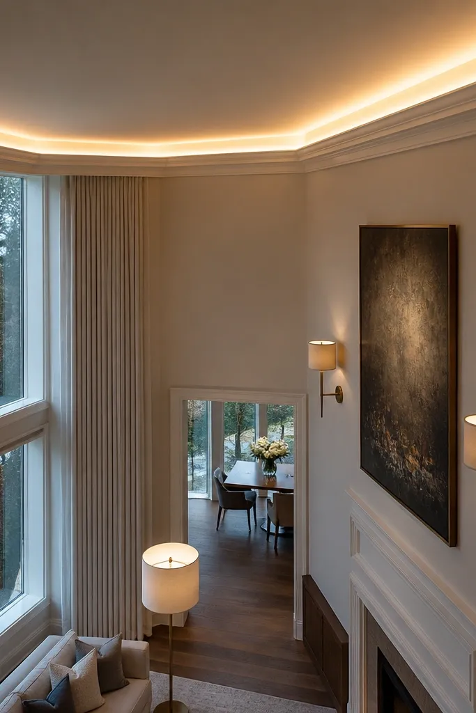 Warm LED glow tucked behind ceiling trim in a tall living room