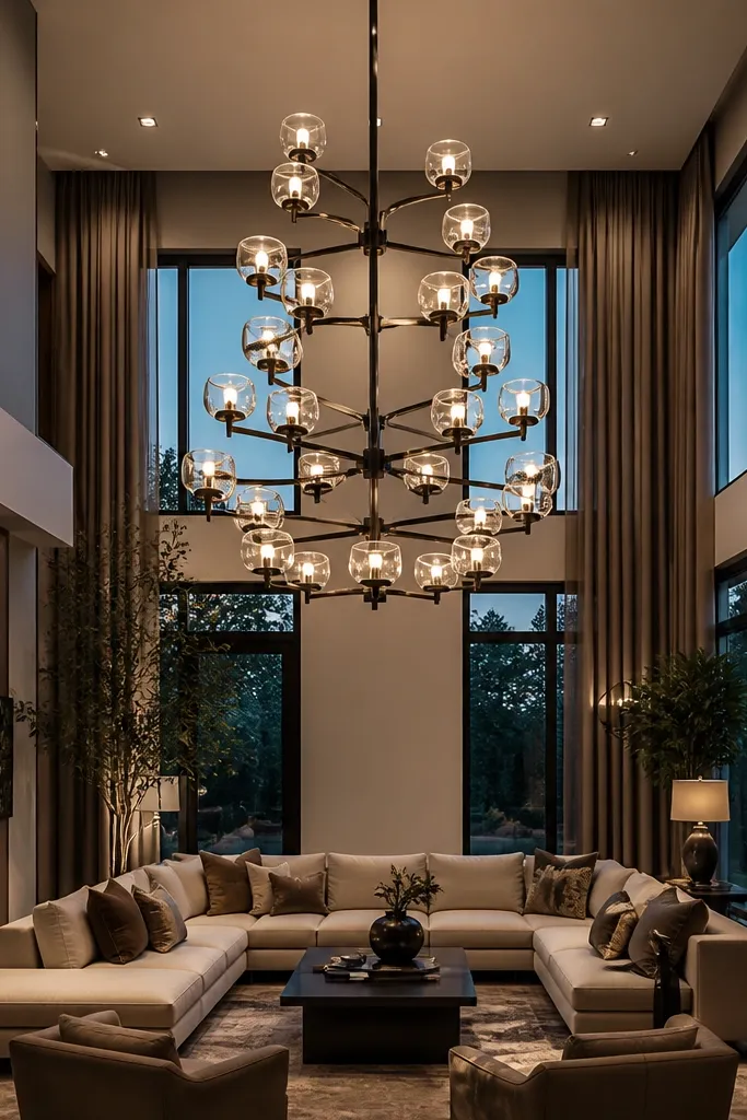Statement chandelier centered over a double height living area