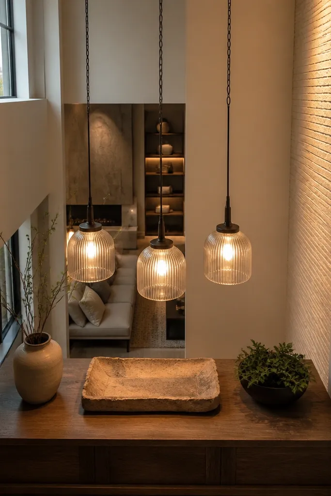 Three pendants above a console in a tall living room