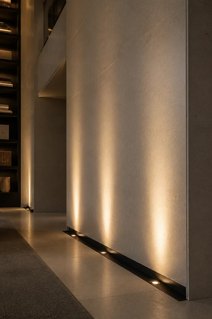 Uplights glowing upward from a low niche near the wall
