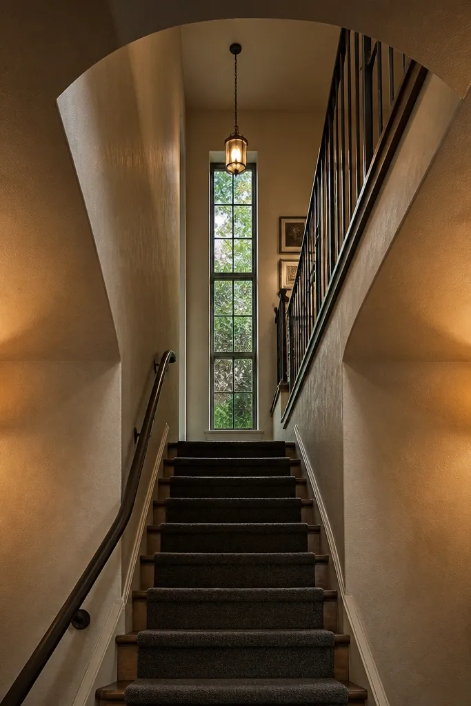 Warm wall sconces lighting a stair opening in a tall living room