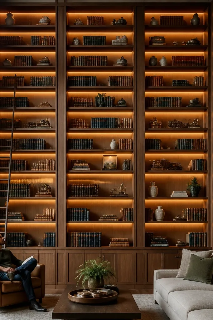 Backlit shelves glowing behind books and decor