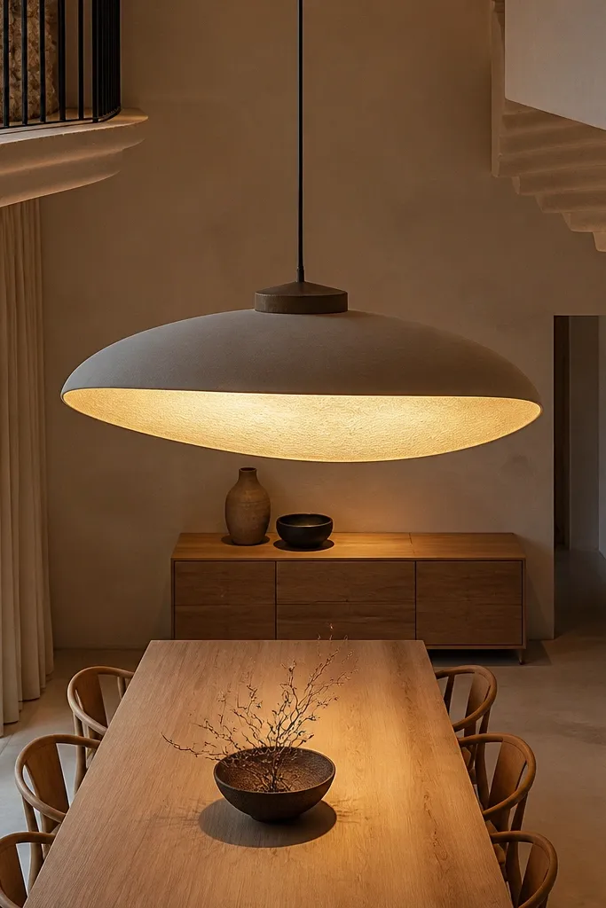 Oversized pendant with textured shade above seating in a tall room