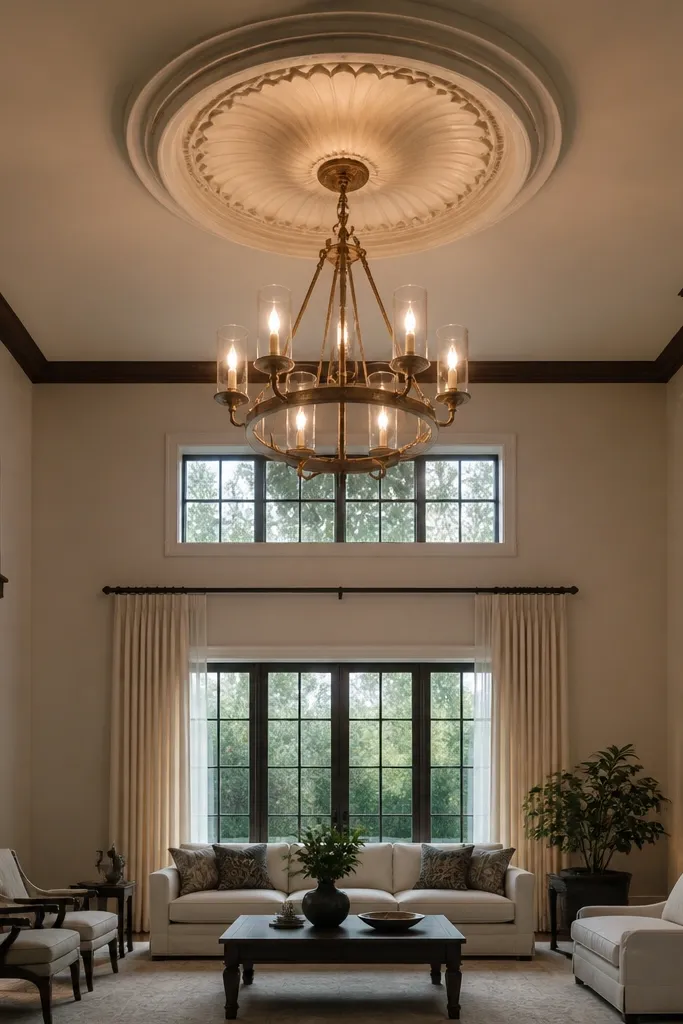 Ceiling medallion fixture with warm bulbs in a tall living room