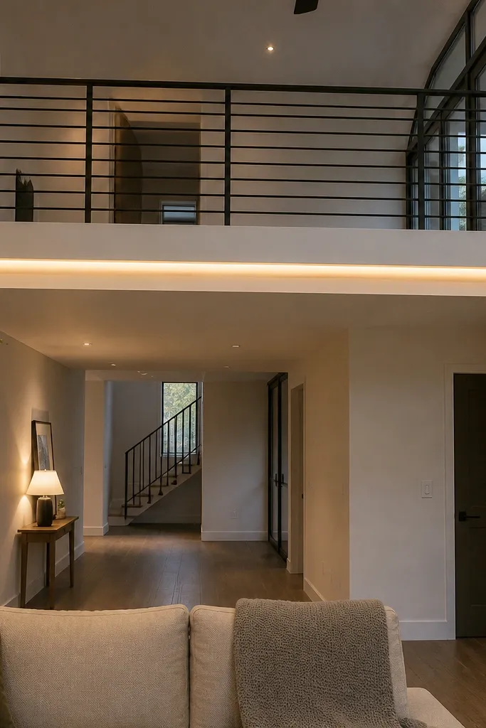 Warm rope light under a mezzanine edge with soft glow