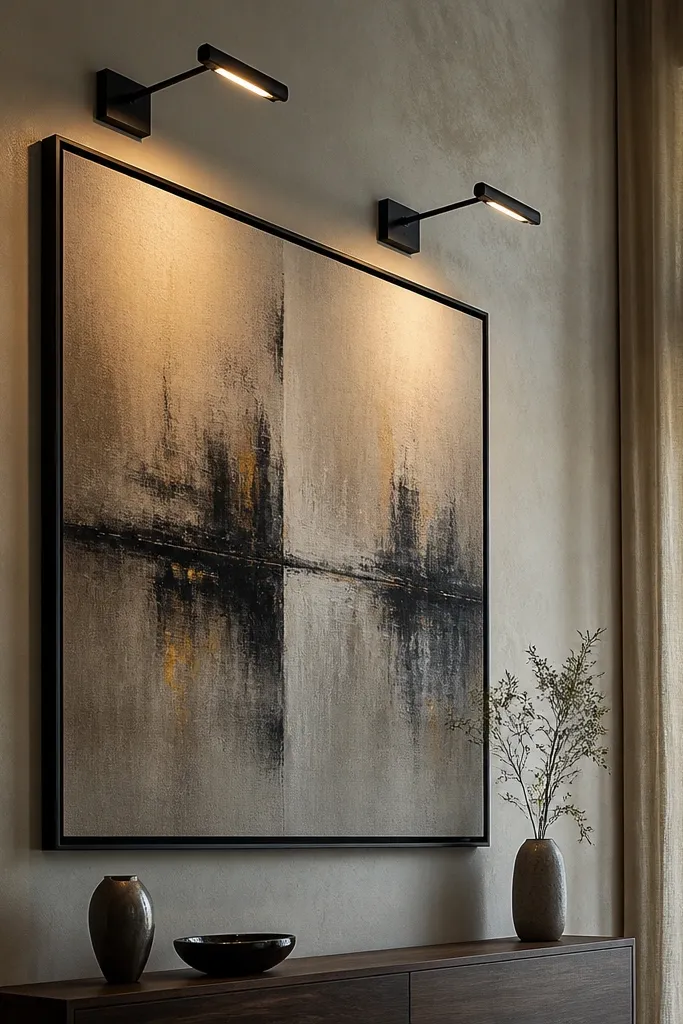 Adjustable picture lights highlighting a large artwork on a tall wall