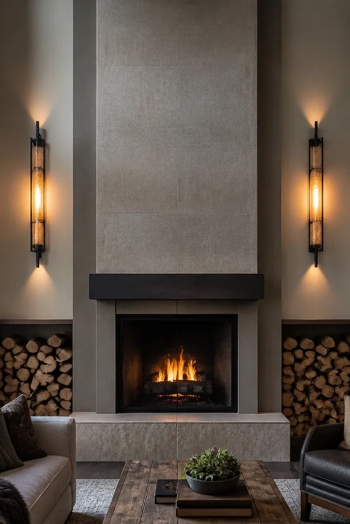 Two matching sconces flanking a fireplace opening with warm light