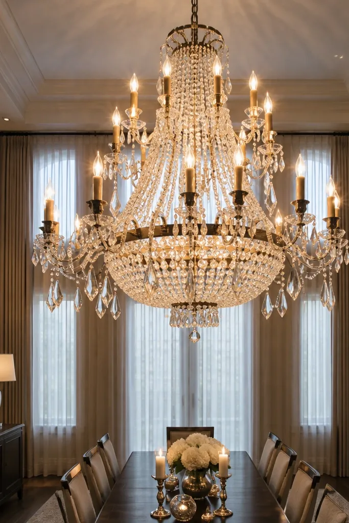 Candle-style chandelier with large glass drops in a tall living room